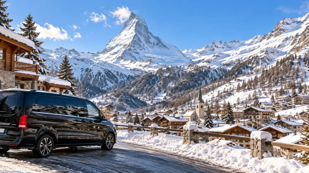Private transfer minivan beneath the Matterhorn near Zermatt